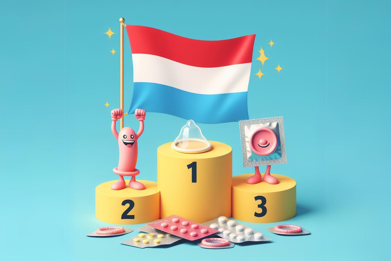 Luxembourg flag as number 1 on a winner's podium on the topic of contraception
